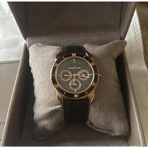 BCBGMAXAZRIA Women's Black Leather Strap Watch with Gold Accents New